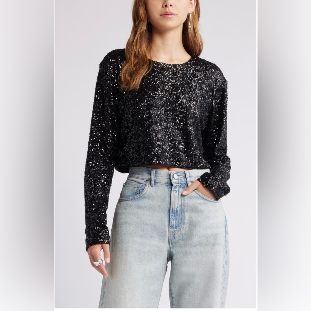 Open Edit Black Cropped Long Sleeve Sequin Party Women's Top Size XL